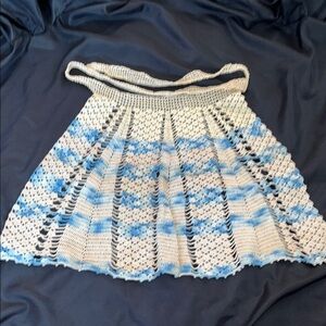 Vtg Hand Crocheted Hostess Half Apron Variegated Blue & Cream MCM Housewife